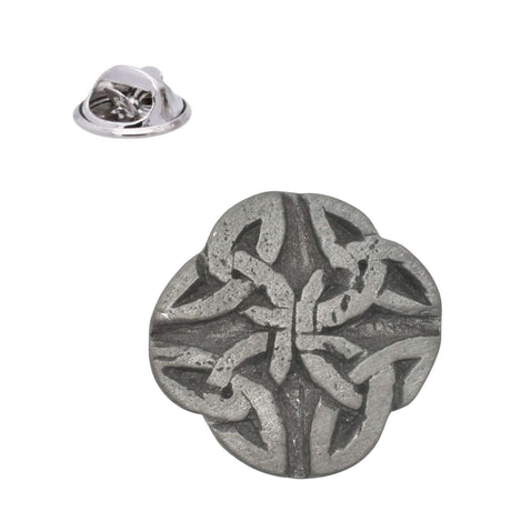 Round antique silver Celtic knot pewter lapel pin with raised interlacing knot design and rear clasp