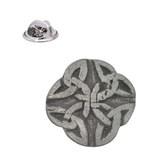 Round antique silver Celtic knot pewter lapel pin with raised interlacing knot design and rear clasp