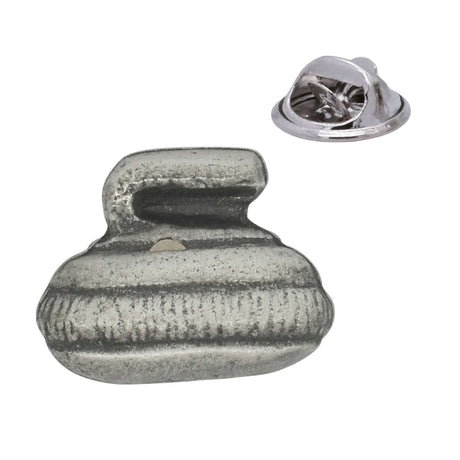 Antique silver pewter curling stone lapel pin with curved handle and rear butterfly clasp
