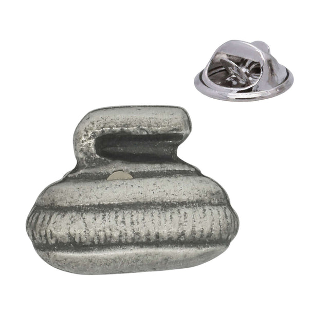 Antique silver pewter curling stone lapel pin with curved handle and rear butterfly clasp