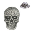 Antique silver sugar skull pewter lapel pin badge with floral forehead details and rear pin clasp