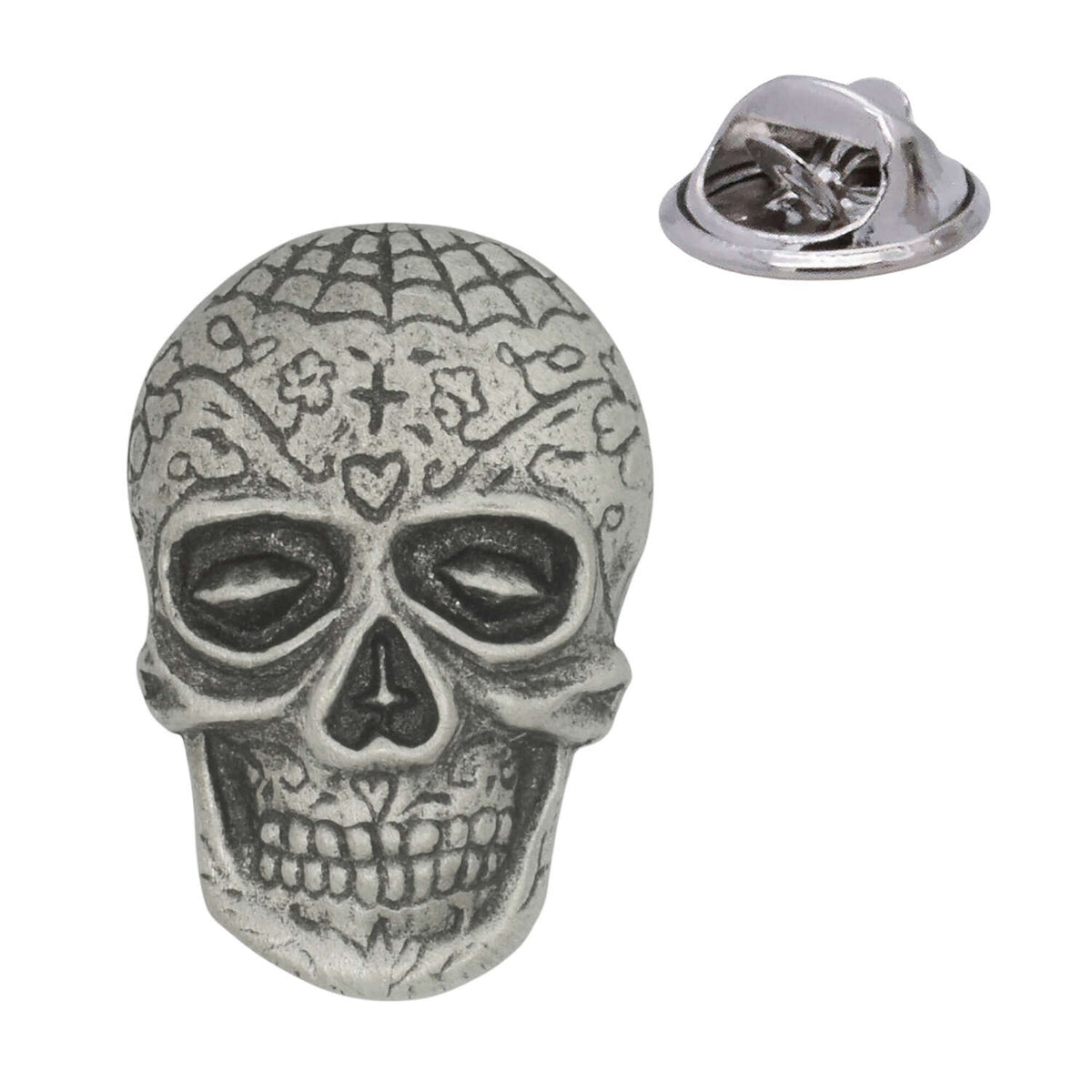 Antique silver sugar skull pewter lapel pin badge with floral forehead details and rear pin clasp