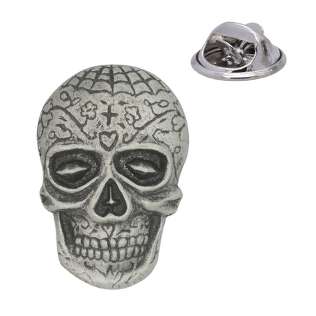 Antique silver sugar skull pewter lapel pin badge with floral forehead details and rear pin clasp
