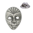 Calavera decorative mask pewter lapel pin in antique silver with web forehead motif and rear pin clasp