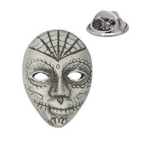 Calavera decorative mask pewter lapel pin in antique silver with web forehead motif and rear pin clasp