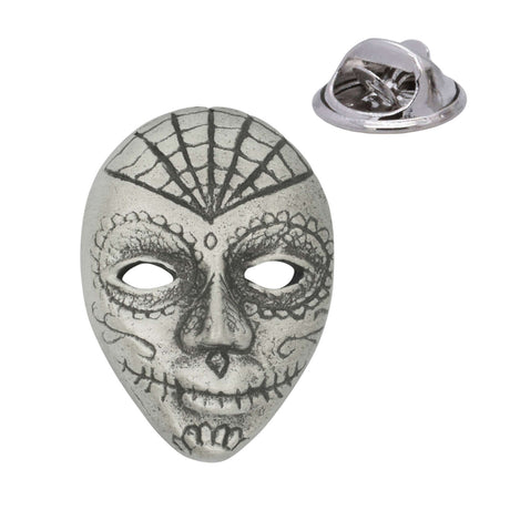 Calavera decorative mask pewter lapel pin in antique silver with web forehead motif and rear pin clasp