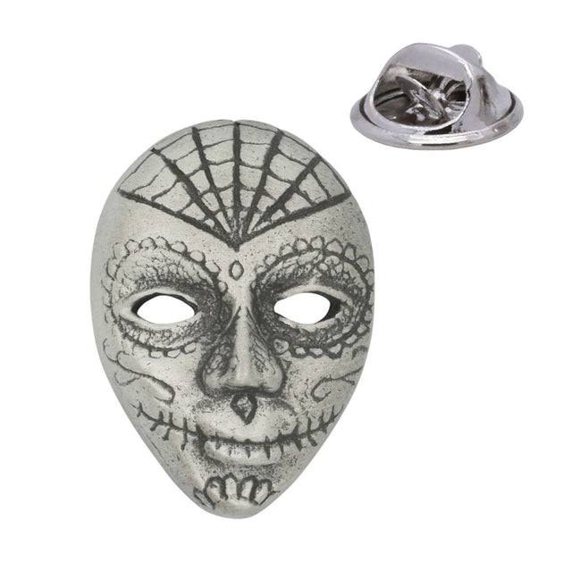 Calavera decorative mask pewter lapel pin in antique silver with web forehead motif and rear pin clasp