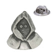 Antique silver pewter monk's cowl lapel pin depicting hooded figure with shadowed face and rear pin clasp