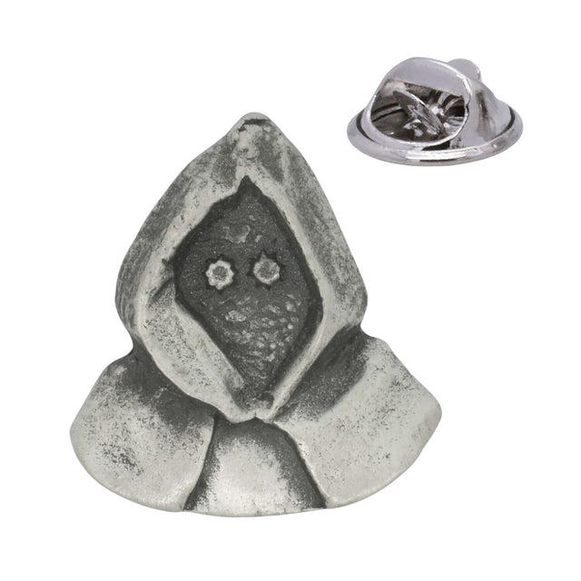 Antique silver pewter monk's cowl lapel pin depicting hooded figure with shadowed face and rear pin clasp