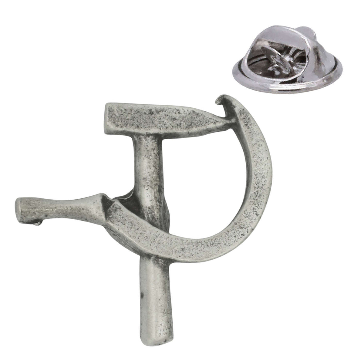 Antique silver hammer and sickle pewter lapel pin badge with rear butterfly clasp