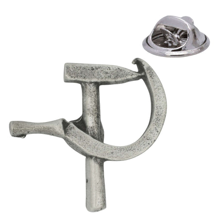 Antique silver hammer and sickle pewter lapel pin badge with rear butterfly clasp