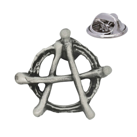 Antique silver anarchy symbol circled A pewter lapel pin badge with rear butterfly clasp