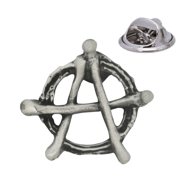Antique silver anarchy symbol circled A pewter lapel pin badge with rear butterfly clasp