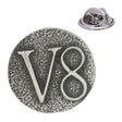 Round antique silver V8 engine pewter lapel pin badge with raised V8 lettering and rear butterfly clasp