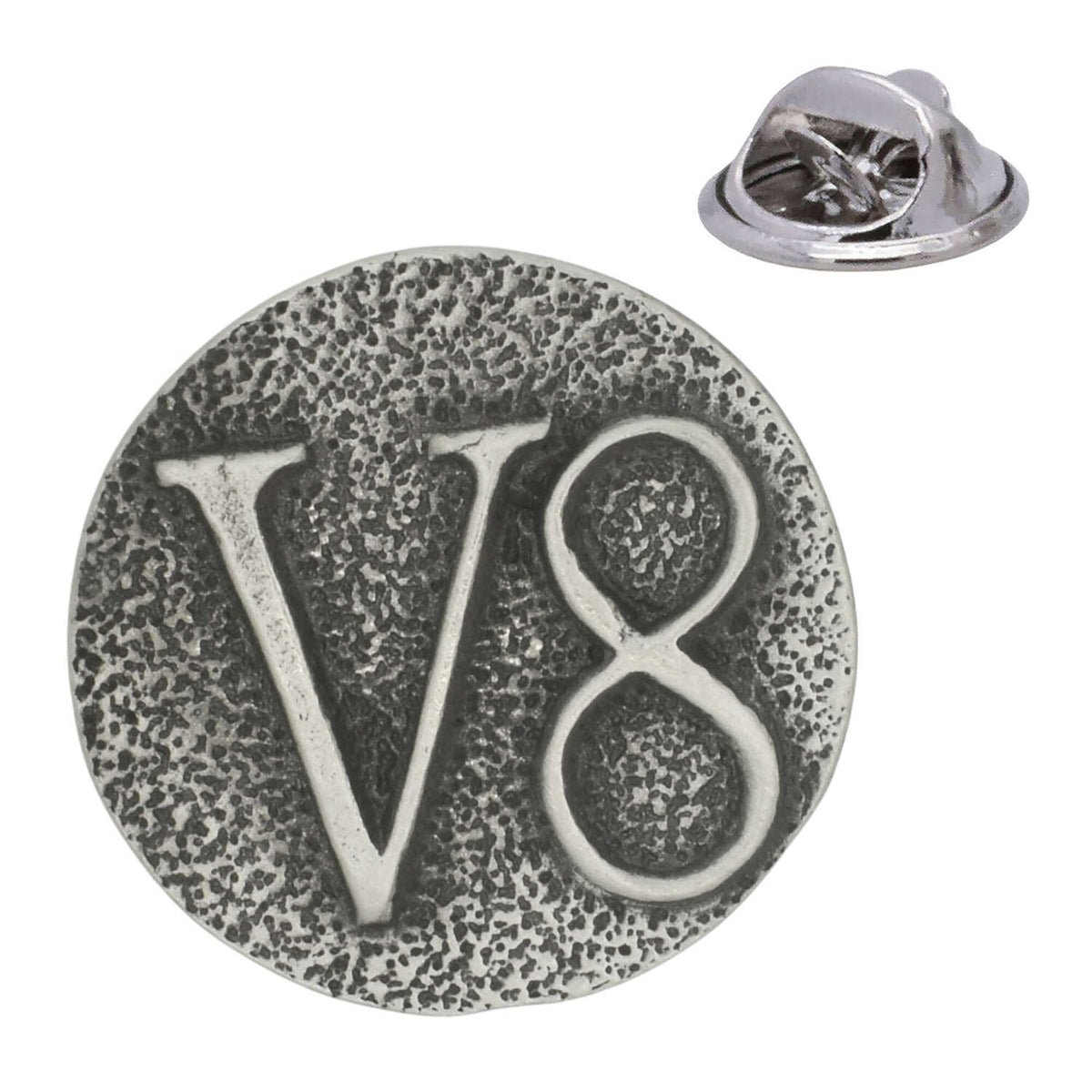 Round antique silver V8 engine pewter lapel pin badge with raised V8 lettering and rear butterfly clasp