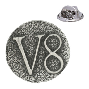 Round antique silver V8 engine pewter lapel pin badge with raised V8 lettering and rear butterfly clasp
