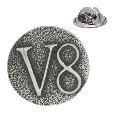 Round antique silver V8 engine pewter lapel pin badge with raised V8 lettering and rear butterfly clasp