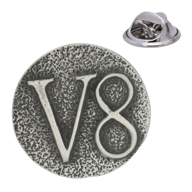 Round antique silver V8 engine pewter lapel pin badge with raised V8 lettering and rear butterfly clasp