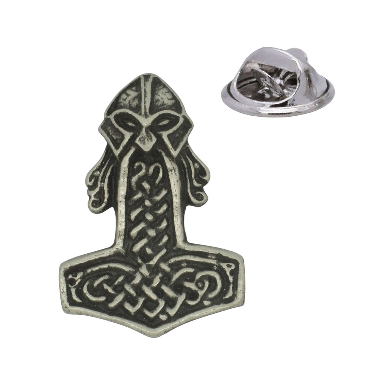 Antique silver Mjolnir Thor's hammer pewter lapel pin with ornate Viking knotwork and rear pin clasp