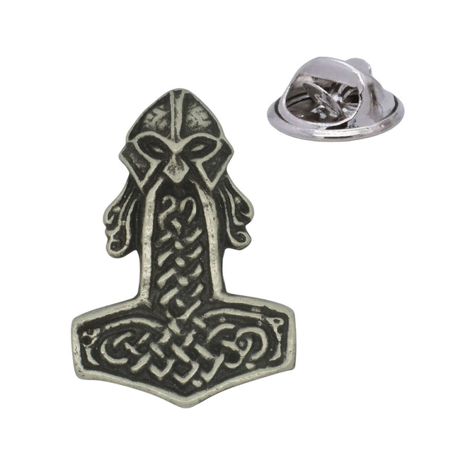 Antique silver Mjolnir Thor's hammer pewter lapel pin with ornate Viking knotwork and rear pin clasp