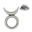 Antique silver Horned God pewter lapel pin with upward crescent and open circle, rear butterfly clasp shown