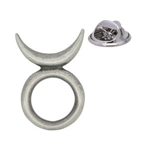 Antique silver Horned God pewter lapel pin with upward crescent and open circle, rear butterfly clasp shown