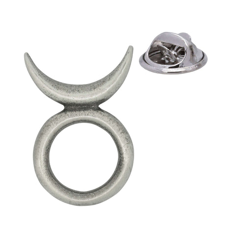 Antique silver Horned God pewter lapel pin with upward crescent and open circle, rear butterfly clasp shown
