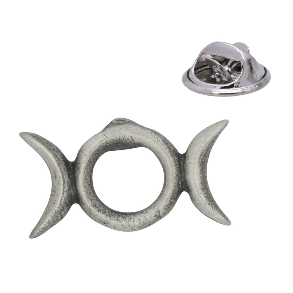 Horned Goddess pewter lapel pin in antique silver finish with circle and opposing crescents, rear butterfly clasp shown