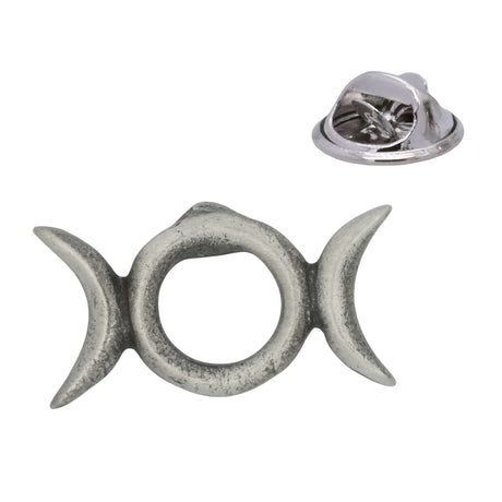 Horned Goddess pewter lapel pin in antique silver finish with circle and opposing crescents, rear butterfly clasp shown