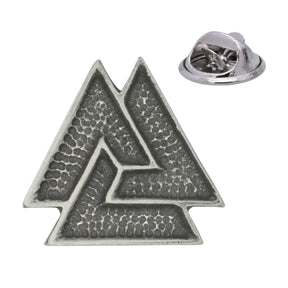 Antique silver Valknut pewter lapel pin with interlocking triangular Norse symbol and rear clasp