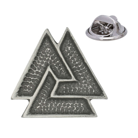 Antique silver Valknut pewter lapel pin with interlocking triangular Norse symbol and rear clasp