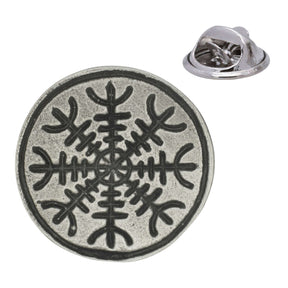 Round antique silver Helm of Terror Helm of Awe pewter lapel pin badge with eight-armed Norse symbol and rear clasp