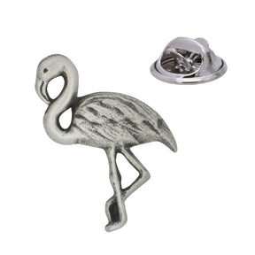 Antique silver flamingo pewter lapel pin with curved neck, long legs and rear butterfly clasp