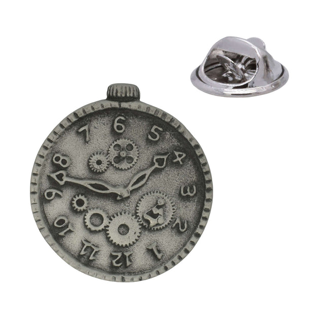Antique silver steampunk fob watch pewter lapel pin with clock numerals, gears and rear butterfly clasp