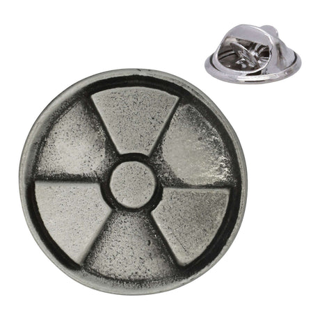 Round antique silver radioactive radiation trefoil pewter lapel pin badge with rear butterfly clasp