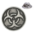 Antique silver round biohazard symbol pewter lapel pin badge with black recessed design and rear clasp