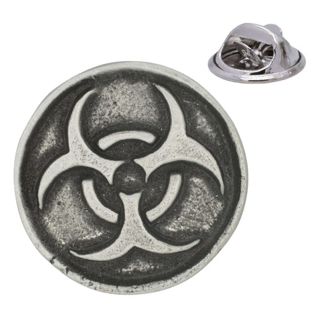Antique silver round biohazard symbol pewter lapel pin badge with black recessed design and rear clasp