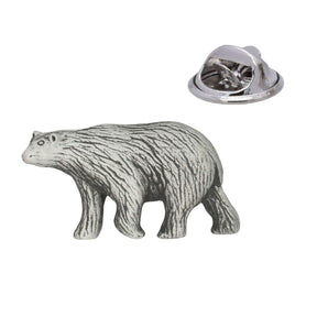 Walking polar bear pewter lapel pin badge with textured fur, antique silver finish and rear butterfly clasp