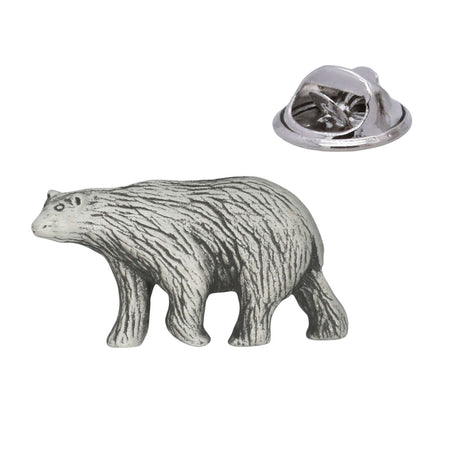 Walking polar bear pewter lapel pin badge with textured fur, antique silver finish and rear butterfly clasp