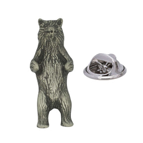 Standing grizzly bear pewter lapel pin badge in antique silver finish with textured fur and rear clasp