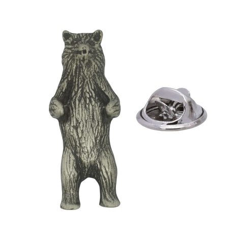 Standing grizzly bear pewter lapel pin badge in antique silver finish with textured fur and rear clasp