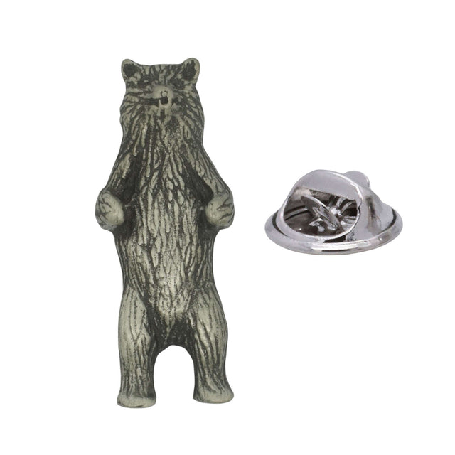 Standing grizzly bear pewter lapel pin badge in antique silver finish with textured fur and rear clasp