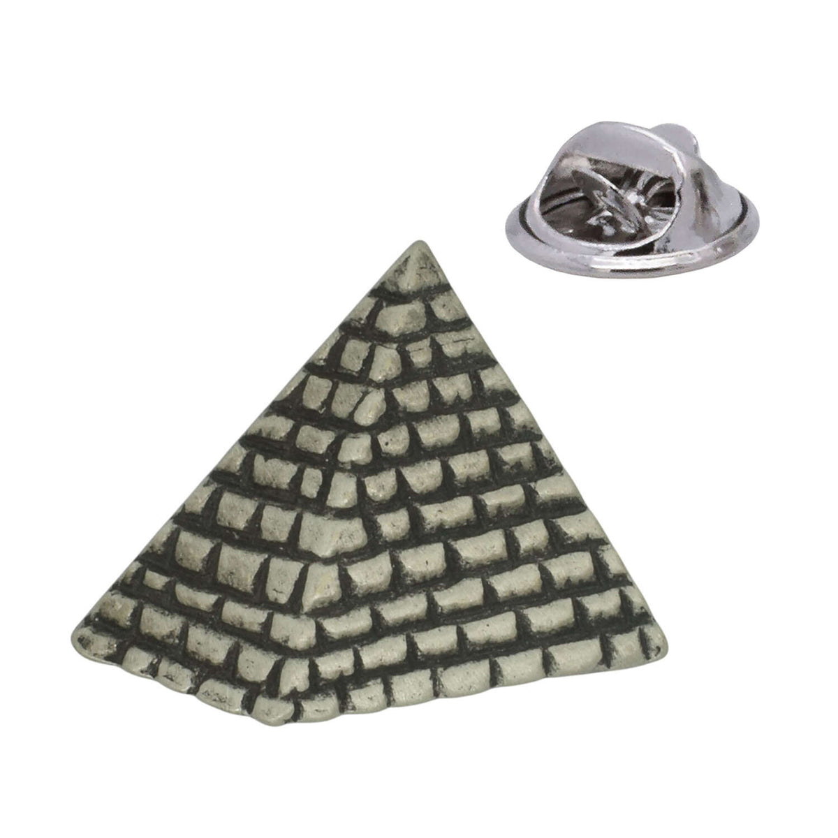 Antique silver Egyptian pyramid pewter lapel pin with textured stone blocks and rear butterfly clasp