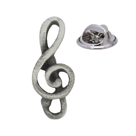 Antique silver treble clef musical note pewter lapel pin with openwork design and rear butterfly clasp