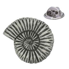 Antique silver ammonite fossil spiral shell pewter lapel pin with detailed ribbing and rear butterfly clasp