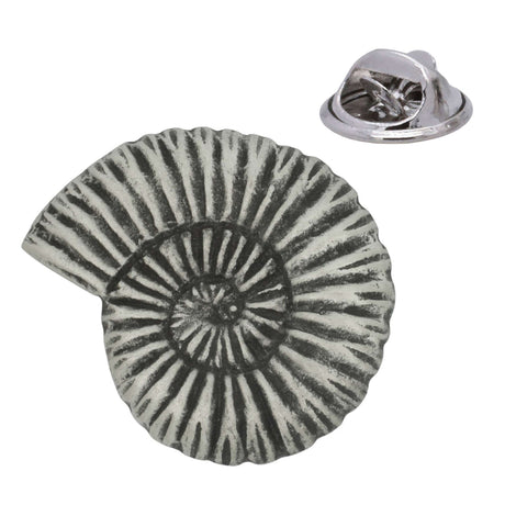 Antique silver ammonite fossil spiral shell pewter lapel pin with detailed ribbing and rear butterfly clasp