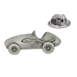 Antique silver vintage racing car pewter lapel pin with open cockpit, wheels and rear butterfly clasp