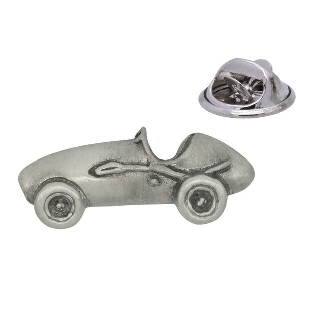 Antique silver vintage racing car pewter lapel pin with open cockpit, wheels and rear butterfly clasp