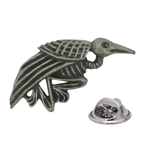 Roadkill starling antique silver pewter bird lapel pin with detailed wings and two rear butterfly clasps