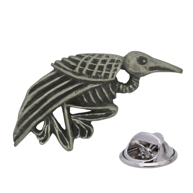 Roadkill starling antique silver pewter bird lapel pin with detailed wings and two rear butterfly clasps